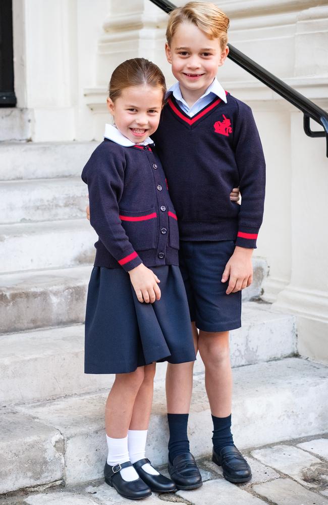 Growing up! Prince George right, with his sister Princess Charlotte at outside their school Thomas's Battersea in 2019. Picture: Kensington Palace via Getty Images