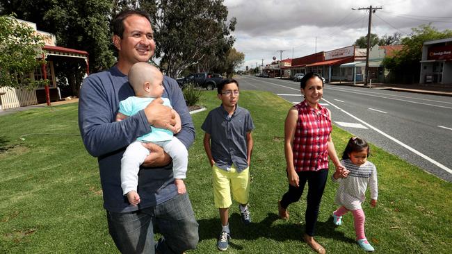 Colombian immigrants Guillermo and Magda Sierra with their children, from left, Melissa, Phillip and Valeria in their new home town of Rupanyup. Picture: David Geraghty