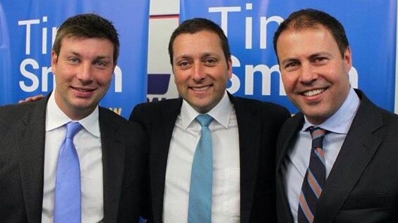 Liberal politicians Tim Smith with Matthew Guy and Josh Frydenberg.