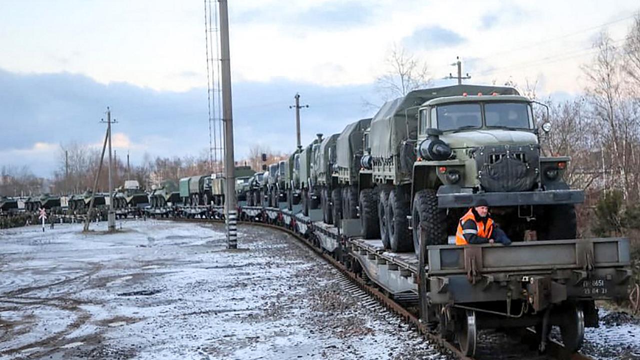 Russian troop train transporting military vehicles arriving for drills in Belarus. Picture: MINISTRY OF DEFENCE REPUBLIC OF BELARUS / AFP.