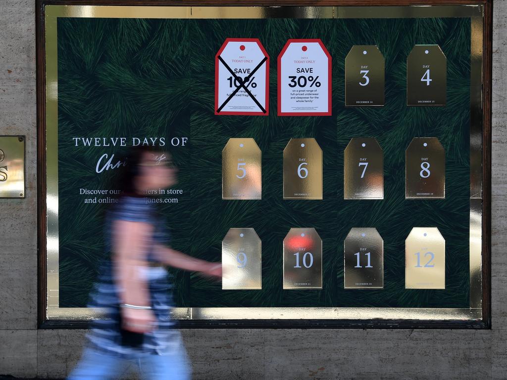 Shoppers walk past a retail store in central Sydney, Thursday, December 13, 2018. Australian shoppers are set to splurge a record $50 billion on retail sales this festive season with almost $18 billion of it at bricks and mortar stores in the lead up to Christmas Day. (AAP Image/Dean Lewins) NO ARCHIVING