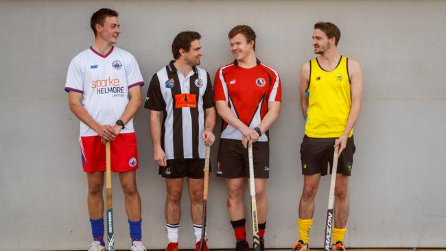 Hockey Players Robert Cain (Adelaide), Scott Germein (Port Adelaide), Chris Wells and Alastair Oliver (Seacliff) will playoff in the Hockey SA Premier League finals this weekend. Picture Matt Turner.