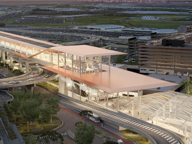 A render of the Melbourne airport station as part of the Melbourne airport rail link.