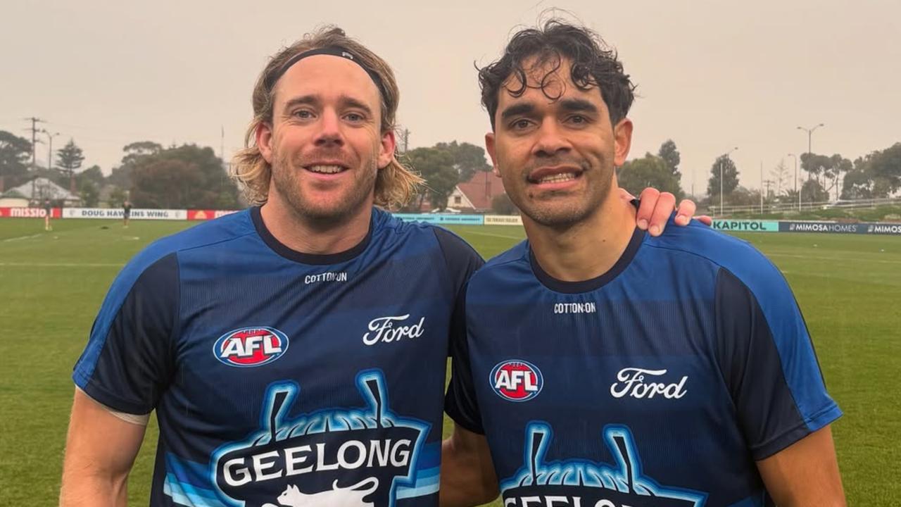Cam Guthrie and Jack Martin before their returns against Footscray. Picture: Geelong Cats