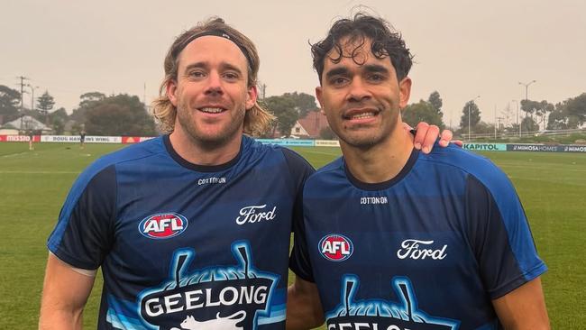 Cam Guthrie and Jack Martin before their returns against Footscray. Picture: Geelong Cats