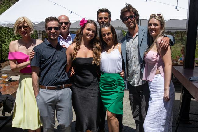 Leisl Evans, left, with Dayne Spalding, Clint Evans, Ruby Roberts, Troy Whittington, Kelly Klapsis, Sam Duffy, and Chelsea Pascoe at Flamin Galah Brewery in Huskisson for Melbourne Cup Picture: Nathan Schmidt