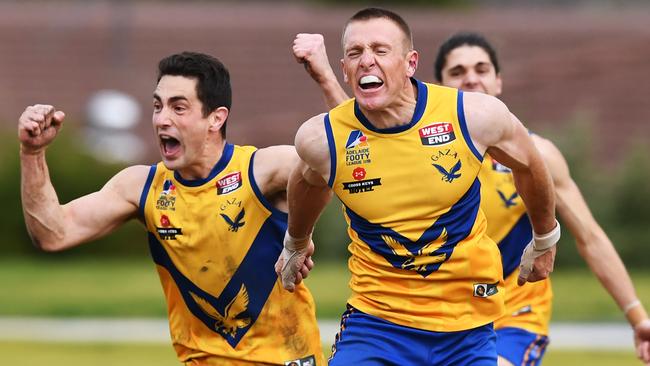 Gaza’s David Allocca celebrates kicking the winning goal late in the last quarter during his side’s division two match against Unley at home in July. Picture: AAP/Mark Brake