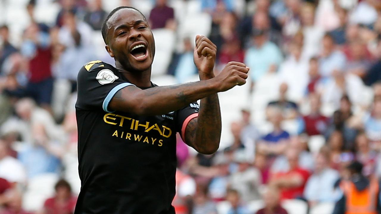 Raheem Sterling celebrates after completing his hat-trick in scoring City’s fifth goal.