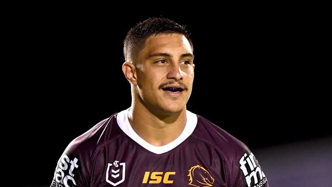 Kotoni Staggs during Brisbane’s trial loss to the Gold Coast Titans. Picture: Bradley Kanaris/Getty Images.