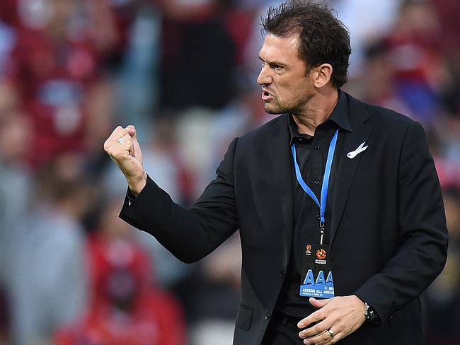 Wanderers coach Tony Popovic celebrates his side’s win over the Phoenix.