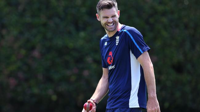 James Anderson enjoys the England nets session at the Sydney Cricket Ground. Picture: Getty Images