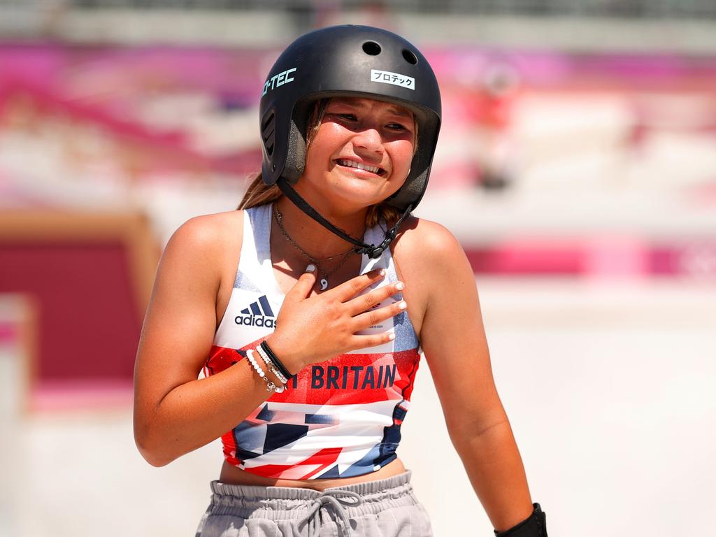 Pint sized 13-year-old Sky Brown of Team Great Britain cries happy tears as she wins the bronze medal during the Women's Skateboarding Park Finals. Picture: Ezra Shaw/Getty Images