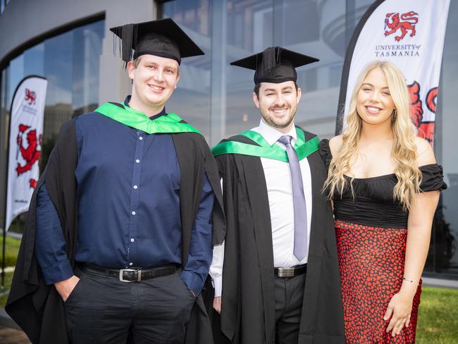 Jeffrey Turner, Brenton Lester and Sarah Sproule. University of Tasmania Hobart Graduations 2019, Wednesday morning. Picture: RICHARD JUPE