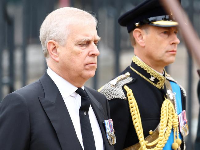 LONDON, ENGLAND - SEPTEMBER 19: Prince Andrew and Prince Edward attend the state funeral and burial of Queen Elizabeth at Westminster Abbey on September 19, 2022 in London, England. /(Photo by Hannah McKay - WPA Pool/Getty Images)