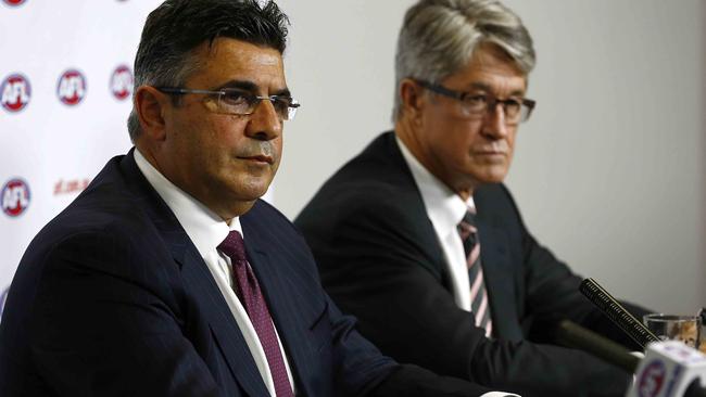 Andrew Demetriou and Mike Fitzpatrick reveal Essendon’s penalties at AFL House.