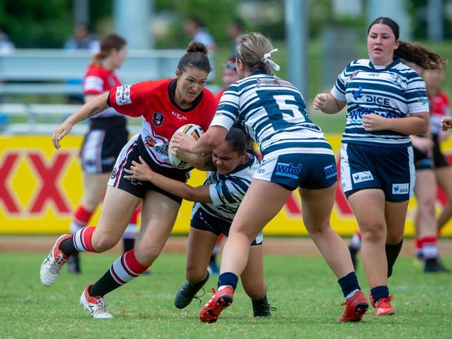 Round 1 NRL NT Women's Premiership: Litchfield Bears v Darwin Sistaz. Bianca Abrahams with a run.Photograph: Che Chorley