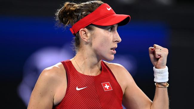 Belinda Bencic celebrates in her Group B match against Yulia Putintseva of Kazakhstan. Picture: Albert Perez/Getty Images