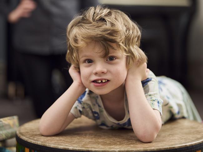 Registered music therapist, Natalie Oliveri with client, Arlo, 4 at Creative Therapy in Torrensville, Wednesday, Nov. 27, 2024. Picture: Matt Loxton