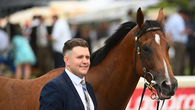 Matt Hoysted with Uncommon James after scoring the Group 1 Oakleigh Plate last year. Picture: Getty Images.