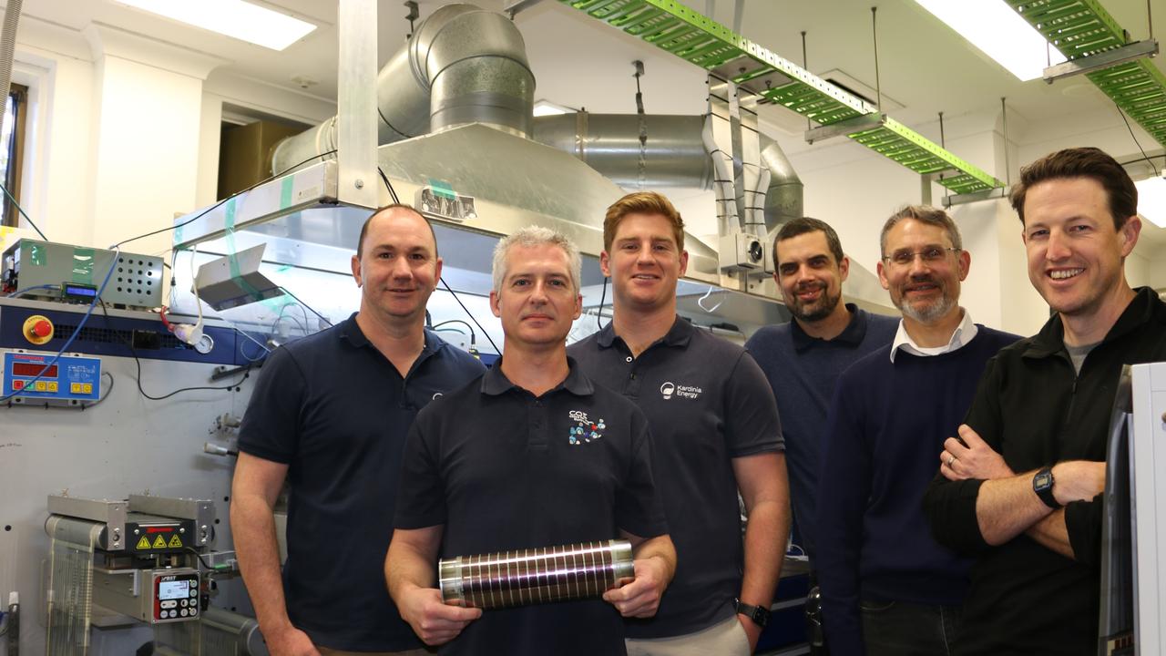 Making printed solar a commercial reality are (from left) Kardinia Energy chief executive Anthony Letmon, Dr Nathan Cooling, Sam Clifton, Dr Daniel Elkington, Professor Paul Dastoor and Dr Ben Vaughan. Picture: Supplied