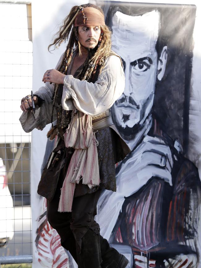 Johnny Depp, dressed as Captain Jack Sparrow from the Pirates of the Caribbean returns from a day on the film set. Picture: AFP