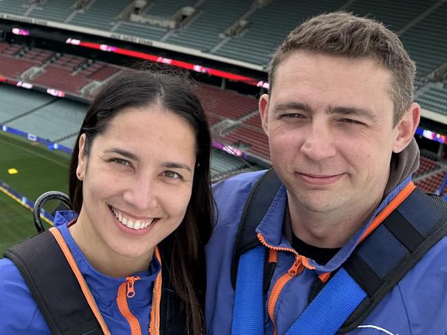 Dayboro mum Candice Blasl and husband Troy Henderson on the roof of Adelaide Oval. Picture: Nova