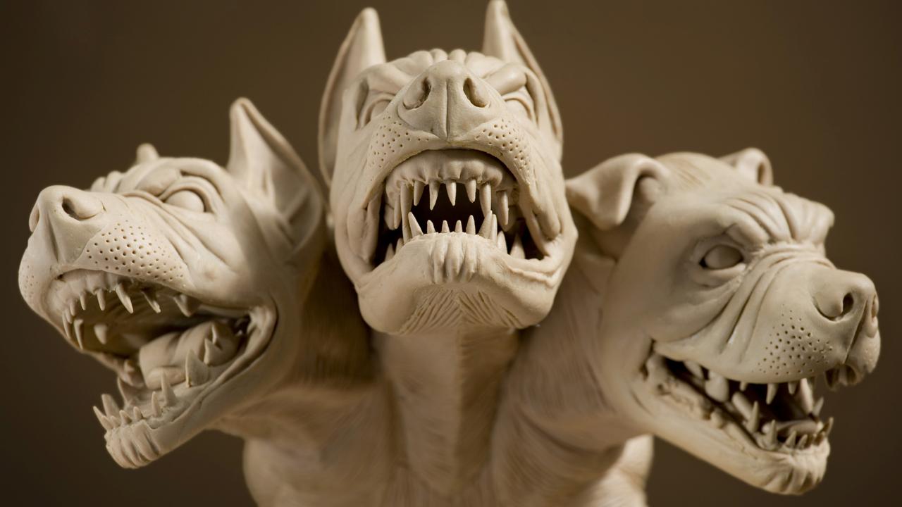 Clay bust of Cerberus, the three-headed dog of Greek Mythology, guardian of the gates of the underworld.