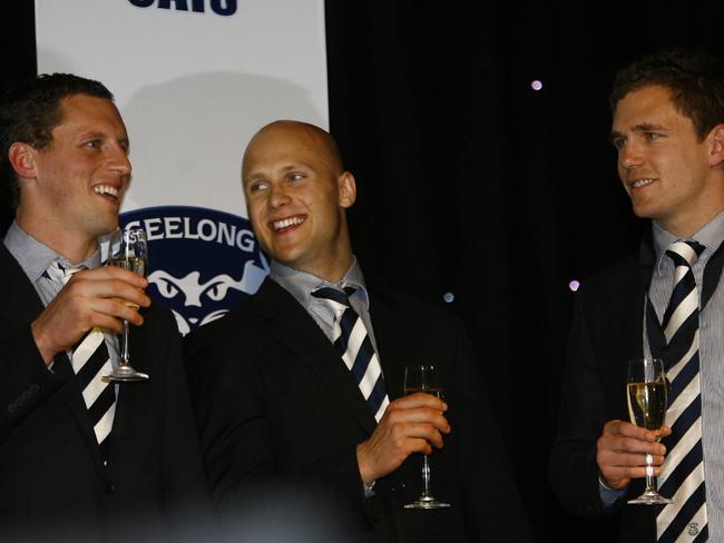 James Kelly, Gary Ablett and Joel Selwood after finishing in the top three of Geelong’s best-and-fairest in 2010.