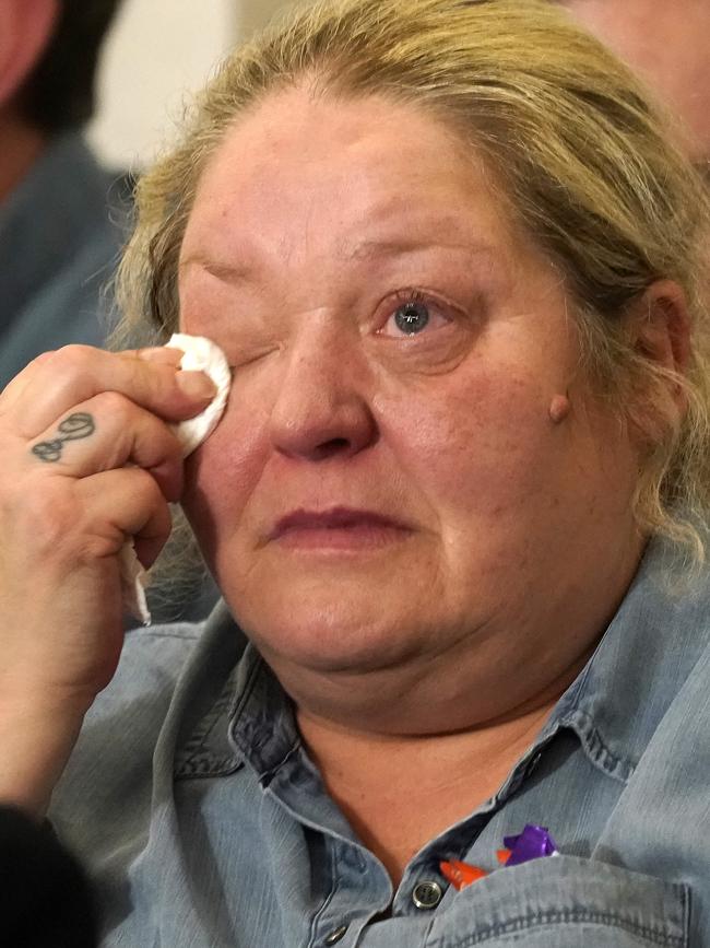 Liz Traynor, a relative of Hillsborough victims, wipes away tears at a Hillsborough verdict press conference. Picture: Getty