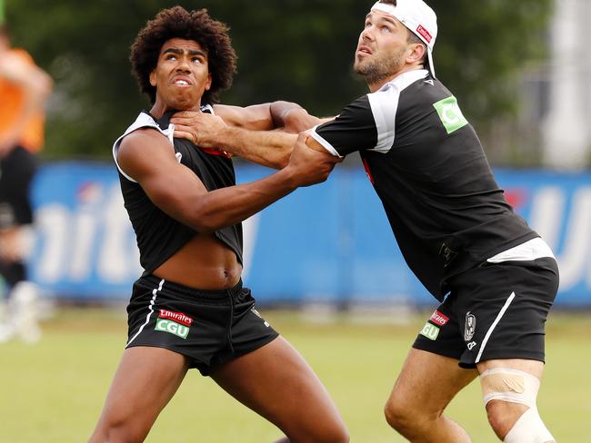 Isaac Quaynor (left) wrestles with Levi Greenwood at Collingwood training. Picture: Michael Klein