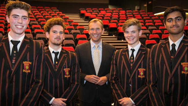 Normanhurst Boys High School students who took part in Bright Sparks, from left: Sam Prince; Nathan Bleier, NSW Education Minister Rob Stokes, Tom Gilbert and Anish Malish.