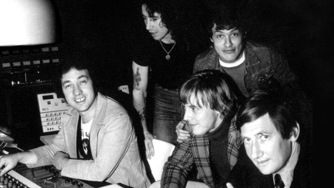 Bon Scott, Angus Young, George Young, Harry Vanda and Ted Albert in Albert Studio.