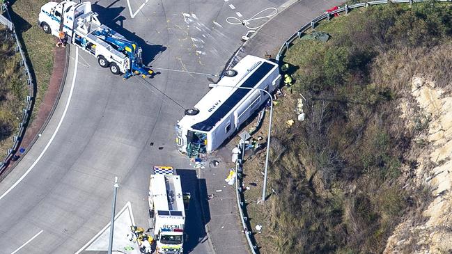 The bus ended on its side. NCA NewsWire