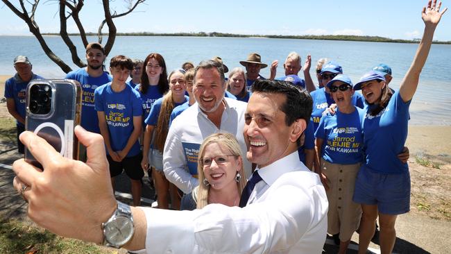 Leader of the Opposition David Crisafulli takes a selfie with Kendall Morton LNP candidate for Caloundra, Andrew Powell MP, and LNP volunteers at Golden Beach. Picture: Liam Kidston