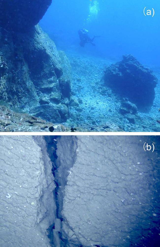 Lava at the surface of the central dome. The surface of lava dome consists of rhyolite blocks with water-chilled, tortoiseshell contraction cracks (b) and pillow lobe structures. A photograph (a) was supplied from NHK. Source: Scientific Reports