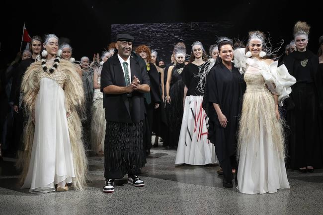 Nathan (centre right with model) and models at the finale of her show. Image credit: Getty Images