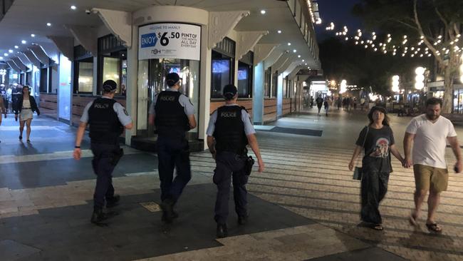 Another team of police officers on foot patrol on The Corso at Manly as part of Operation Summer Safe, targeting youth anti-social behaviour and crime hot spots on the Northern Beaches. Picture: Jim O'Rourke