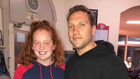 Actor Jai Courtney meets fan Mia Dunning, 17, at a Port Augusta pub. Picture: Supplied.