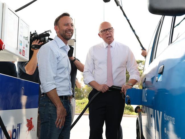 Peter Dutton while on the 2025 federal election campaign at 7 Eleven service station at Joondalup, Western Australia with Liberal Candidate for Moore, Vince Connelly. Picture: Adam Head / NewsWire