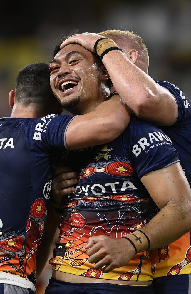 TOWNSVILLE, AUSTRALIA - MAY 24: Jeremiah Nanai of the Cowboys celebrates after scoring a try during the round 12 NRL match between North Queensland Cowboys and Wests Tigers at Qld Country Bank Stadium, on May 24, 2024, in Townsville, Australia. (Photo by Ian Hitchcock/Getty Images)