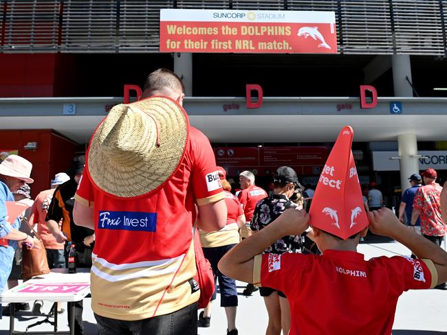BRISBANE, AUSTRALIA - MARCH 05: Dolphins fans enter the stadium before the round one NRL match between the Dolphins and Sydney Roosters at Suncorp Stadium on March 05, 2023 in Brisbane, Australia. (Photo by Bradley Kanaris/Getty Images)