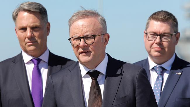 Defence Minister Richard Marles, Prime Minister Anthony Albanese and Minister for Defence Industry and Capability Delivery Pat Conroy have left our tiny defence force less capable today than it was three years ago. Picture: NewsWire/Philip Gostelow