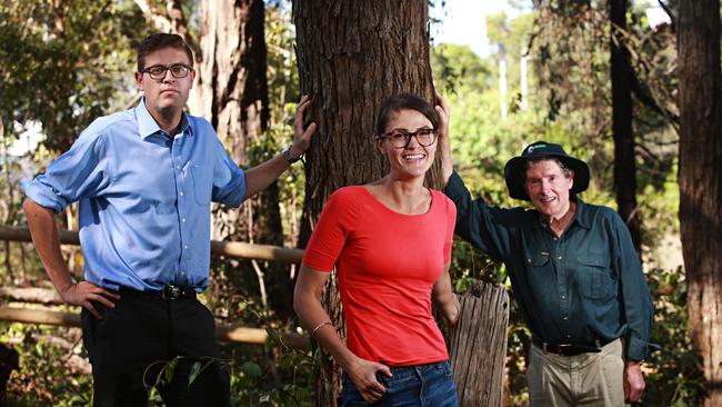 Left to Right: Then Ryde Mayor Jerome Laxale, now-partner Jo Taranto and John Boyle at Bundara reserve in North Ryde in 2018. Picture: Adam Yip / Manly Daily