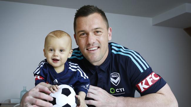 Baby Harley, at 8 months old in 2016, waiting for his new liver with his dad Danny Vukovic. Picture: David Caird