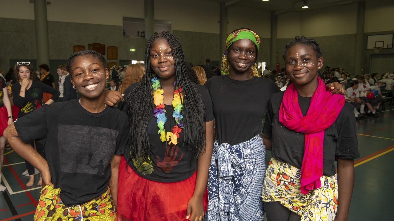 (From left) Oprah Saygbe, Raz Taor, Awel Deng and Joelle Shindano. Harmony day at St Saviour's College. Thursday, March 25, 2021. Picture: Nev Madsen.