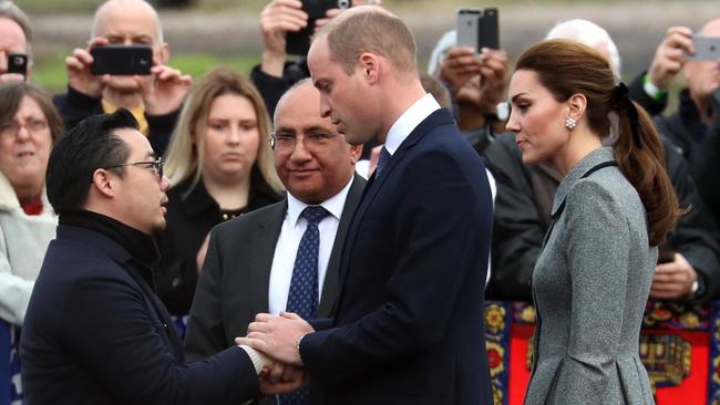 Aiyawatt Srivaddhanaprabha greets Prince William and Catherine following the death of his father in a helicopter crash in 2018.