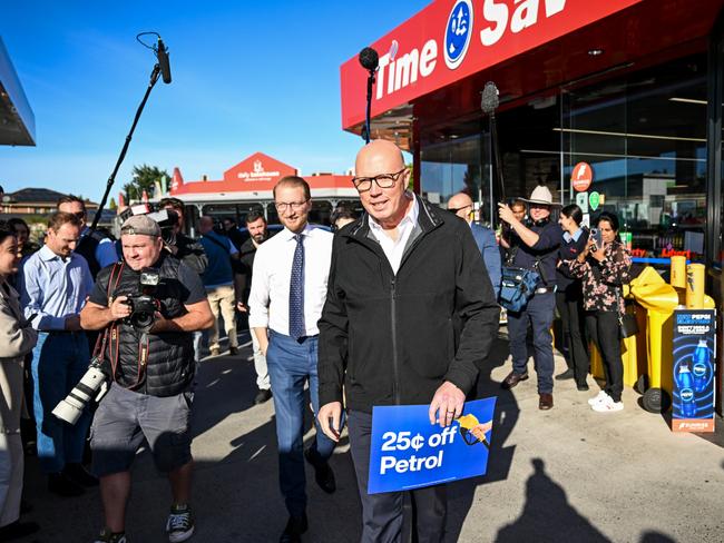 Opposition Leader Peter Dutton at a petrol station in Melbourne’s west on election day. Picture: Getty Images