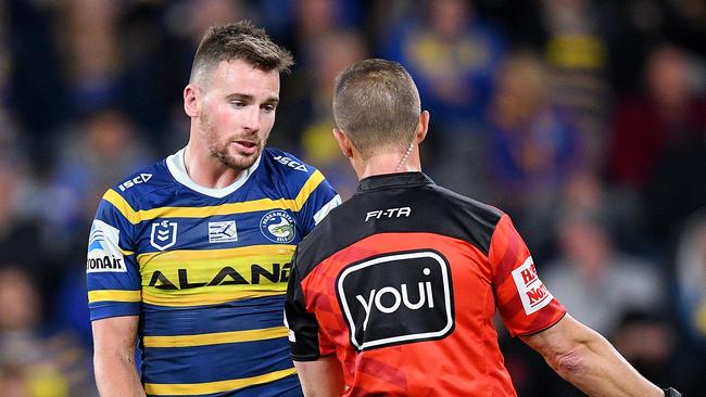 Clint Gutherson of the Eels remonstrates with referee Grant Atkins.