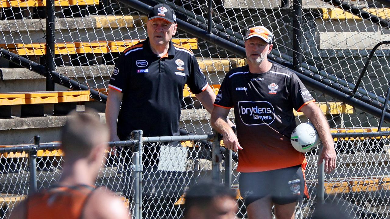 Head of Football Tim Sheens (L) and coach Michael Maguire (R) at Tigers training.