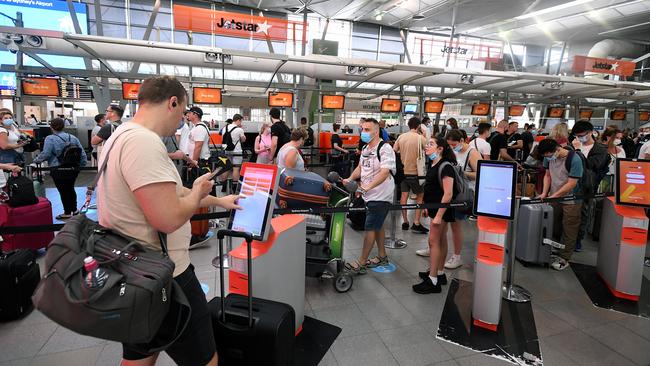 Passengers wait to check in at the Domestic terminal at Sydney Airport in Sydney. Picture: NCA NewsWire/Joel Carrett